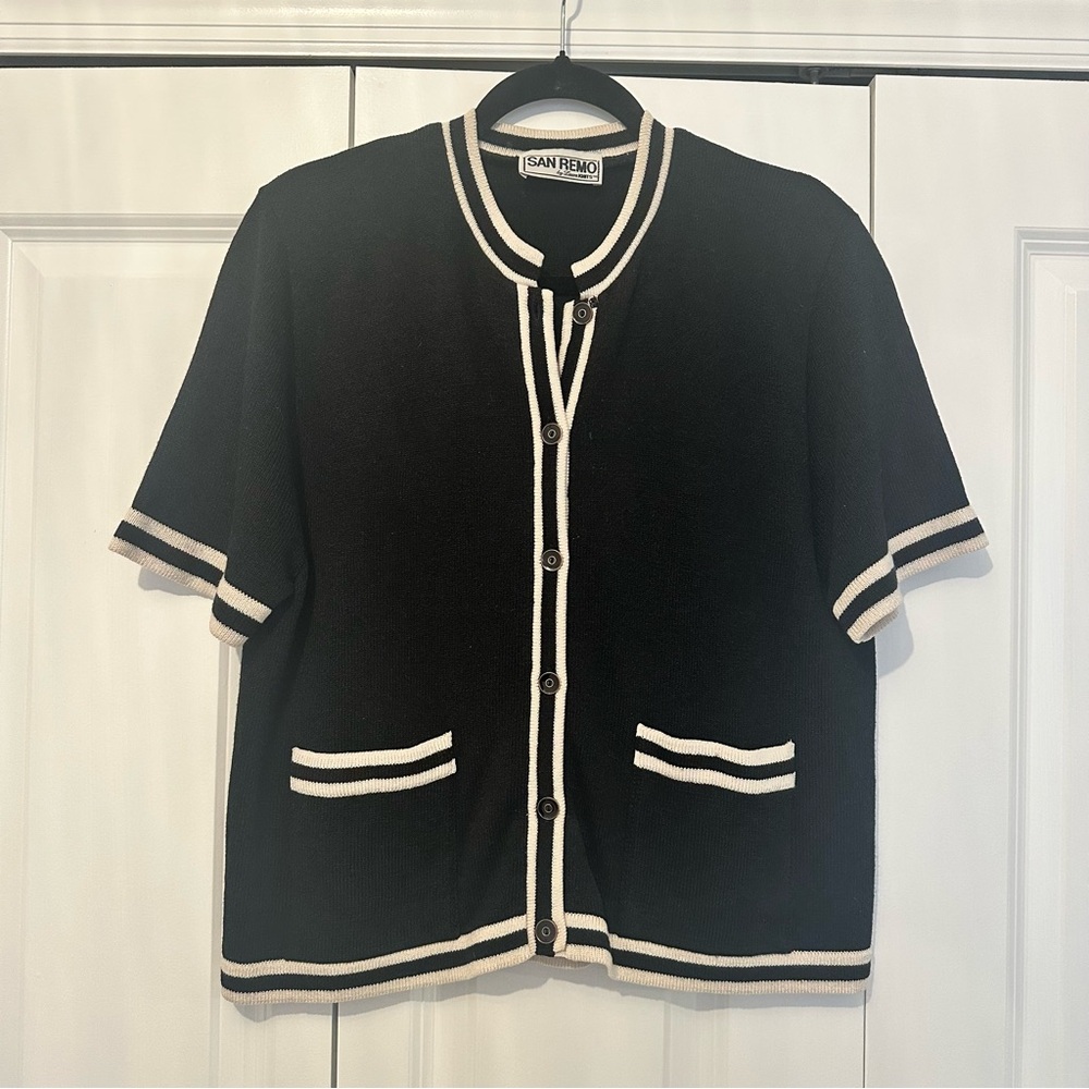 Vintage Black and White Button-Up Cardigan Short Sleeve